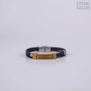 Black Leather Bracelet with Gold Bar Accent